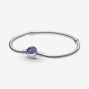 NEW! Pandora Moments Sparkling Blue Disc Clasp Snake Chain Bracelet Size 7.1"